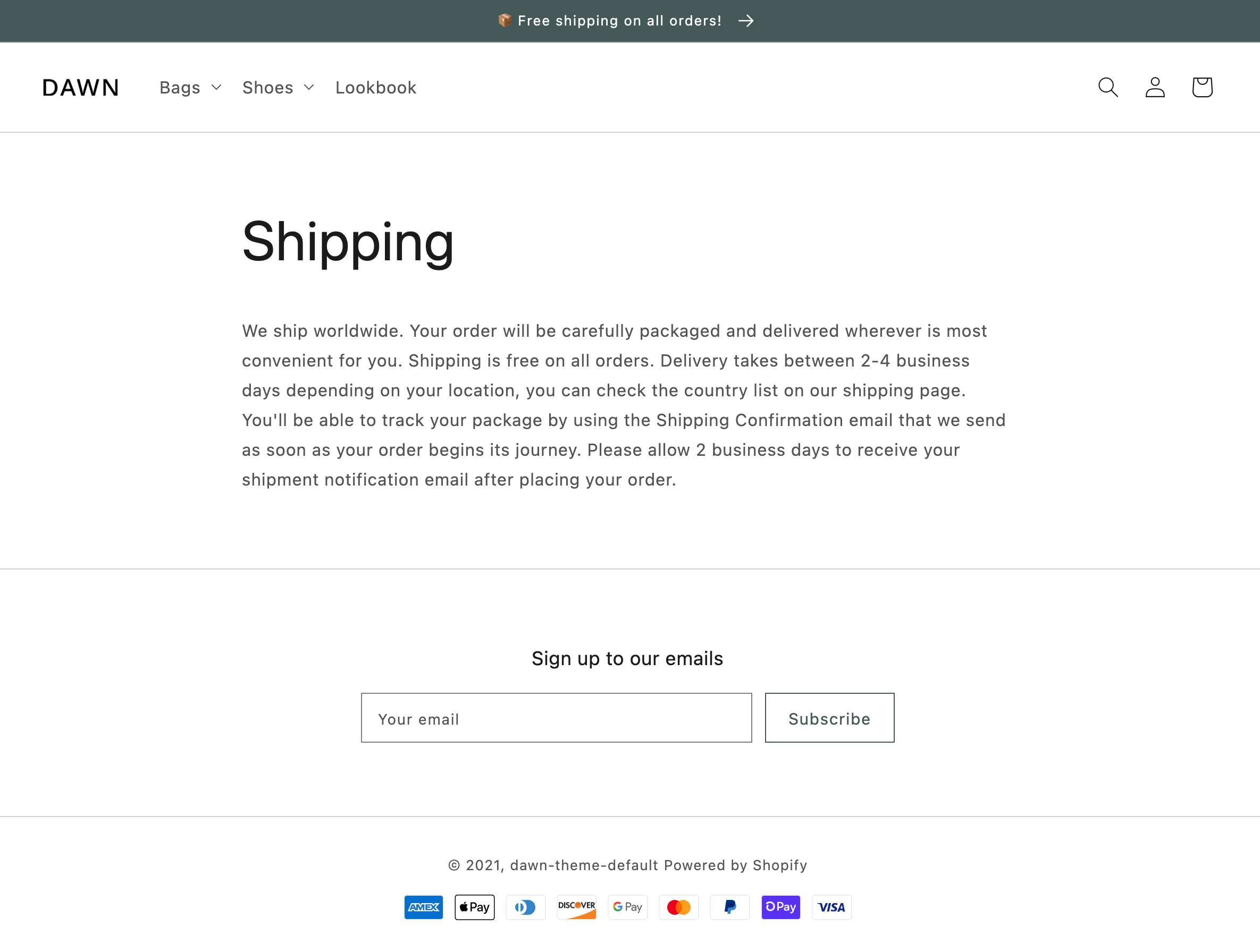 An example of the page template in Dawn