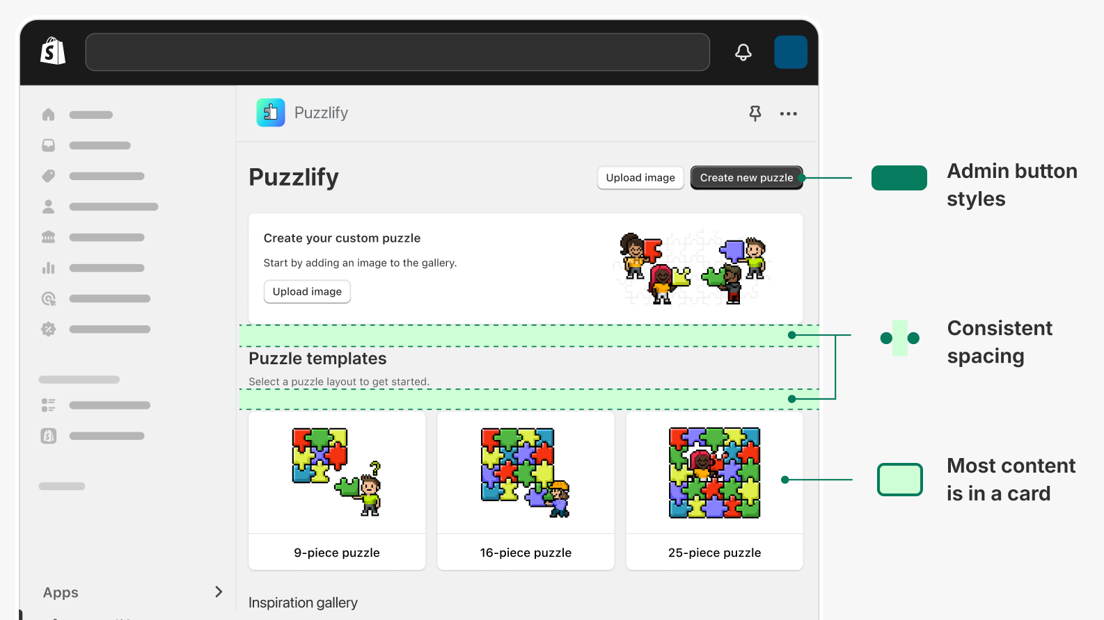 An annotated app home page with callouts for admin button styles, consistent spacing and most content is in a card